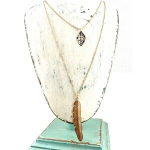 Feather & Leaf Layered Necklace Gold Tone Pendant Boho NEW